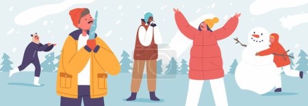 Ilustración de Los niños alegremente devoran copos de nieve recién caídos con risas felices. Icy Treat trae alegría de invierno a los corazones de los niños y niñas. Actividades al aire libre para niños. Dibujos animados Gente Vector Ilustración - Imagen libre de derechos