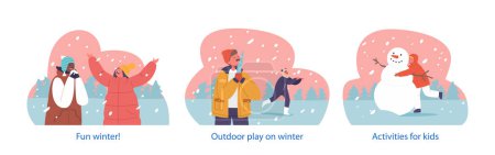Illustration for Isolated Elements with Children Eat Freshly Fallen Snowflakes with Happy Giggles. Kids Enjoying Outdoor Activities. Little Boys and Girls Play Outdoors with Snow. Cartoon People Vector Illustration - Royalty Free Image