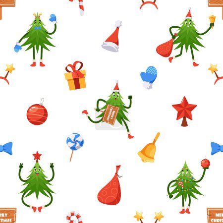 Illustration for Seamless Pattern with Cartoon Spruce Tree Character, Santa Claus sack, Gifts, Hat, Bauble and Holiday Sweets. Tile Background for Xmas or New Year, Wallpaper, Wrapping Paper Vector Illustration - Royalty Free Image