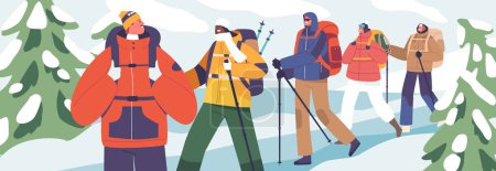 Téléchargez les illustrations : Groupe d'alpinistes intrépides ou de randonneurs d'hiver avec sacs à dos, embarquez pour une ascension difficile. Leur détermination a donné le ton pour une aventure épique dans les montagnes. Illustration vectorielle - en licence libre de droit