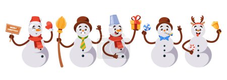Ilustración de Adorables personajes de muñecos de nieve de dibujos animados con ojos de carbón, narices de zanahoria y bufandas acogedoras, dando vida a la magia de invierno con su encanto helado y sonrisas infecciosas. Ilustración vectorial, conjunto aislado - Imagen libre de derechos