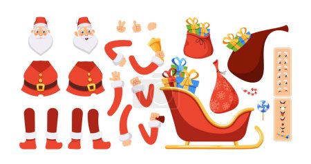 Illustration for Cartoon Santa Claus Creation Kit. Father Noel Body Parts, Hands, Legs, Head, Gestures, Face Emotions, Sled with Gifts, Sack, Presents, Candy, Lollipop and Bell. Vector Illustration, Xmas Constructor - Royalty Free Image