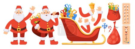 Illustration for Cartoon Santa Claus Creation Kit. Father Noel Body Parts, Hands, Legs, Head, Gestures, Face Emotions, Sack, Presents, Candy, Lollipop and Bell, Sled with Gifts. Vector Illustration, Xmas Constructor - Royalty Free Image