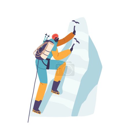 Illustration for Fearless Rock Climber Character Conquers Vertical Challenge, Scaling Rugged Cliff With Skill And Determination, Embodying Spirit Of Adventure And Pursuit Of Heights. Cartoon People Vector Illustration - Royalty Free Image