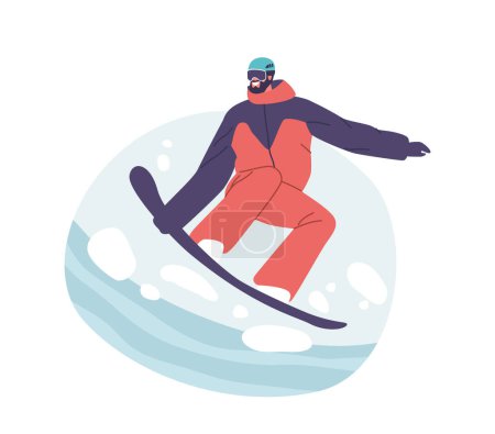 Ilustración de Deportes de invierno, Snowboard Actividad en la estación de esquí de montaña. Recreación deportiva extrema. Maduro barbudo deportista en ropa de invierno y gafas hacen acrobacias, montando cuesta abajo. Ilustración de vectores de dibujos animados - Imagen libre de derechos