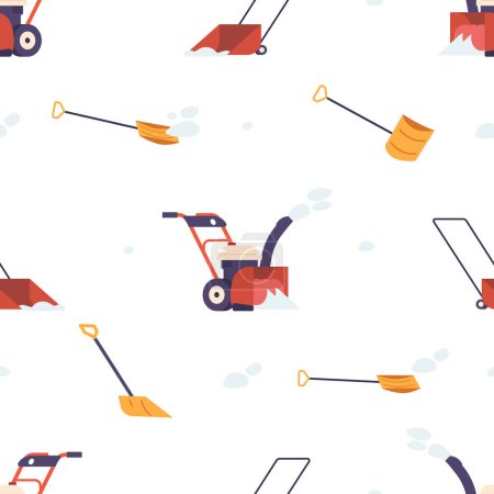 Illustration for Seamless Pattern Featuring Snow Removal Items Like Snowplows, Shovels, And Salt Spreaders Against A Snowy Backdrop, Perfect For Winter-themed Designs, Decor And Wallpapers. Cartoon Vector Illustration - Royalty Free Image