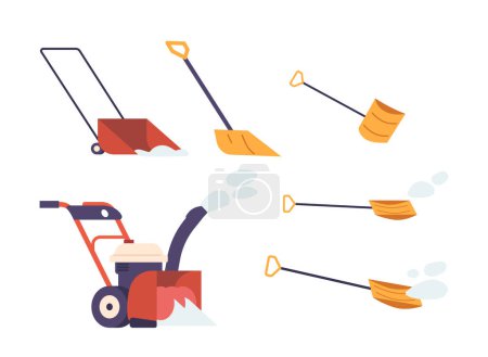 Illustration for Comprehensive Set Of Snow Removal Tools And Equipment, Including Shovels, Snow Blower, And Salt Spreader, Ready To Tackle Winter Icy Challenges With Efficiency And Ease. Cartoon Vector Illustration - Royalty Free Image