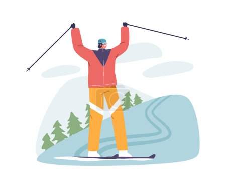 Illustration for Expert Skier Character Conquering A Challenging Mountain Slalom Course, Carving Precise Turns Through The Snow, Showcasing Skill And Determination In The Alpine Wilderness. Cartoon Vector Illustration - Royalty Free Image