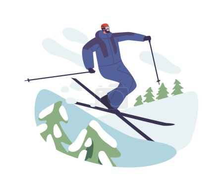 Téléchargez les illustrations : Skieur chevronné personnage masculin faisant des tours, Conquiert un slalom de montagne avec précision, tissage à travers le terrain enneigé dans un environnement alpin pittoresque. Illustration vectorielle des personnages de bande dessinée - en licence libre de droit