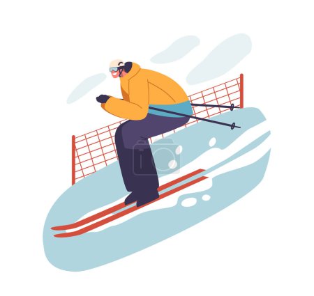 In einer atemberaubenden alpinen Landschaft bewältigt ein versierter Skifahrer einen rigorosen Bergslalom und demonstriert Präzision und Anmut auf dem verschneiten Kurs. Cartoon People Vektor Illustration