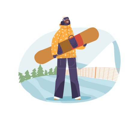 Téléchargez les illustrations : Personnage confiant de femme noire tenant un snowboard, habillé pour l'aventure dans l'équipement d'hiver, dans un fond de montagne enneigée, rayonnant d'enthousiasme pour les pentes. Illustration vectorielle des personnages de bande dessinée - en licence libre de droit