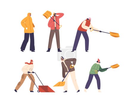 Illustration for Dedicated Characters Diligently Shovel Driveway, or House Yard with Shovels and Scoops After A Fresh Snowfall, Creating A Clear Path Amidst White Landscape. Isolated Cartoon People Vector Illustration - Royalty Free Image