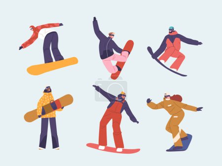 Illustration for Set of People Training on Ski Resort. Wintertime Activity and Extreme Outdoors Snowboarding Sport. Men and Women in Sportive Costumes Making Jumping Stunts with Snowboards. Cartoon Vector Illustration - Royalty Free Image