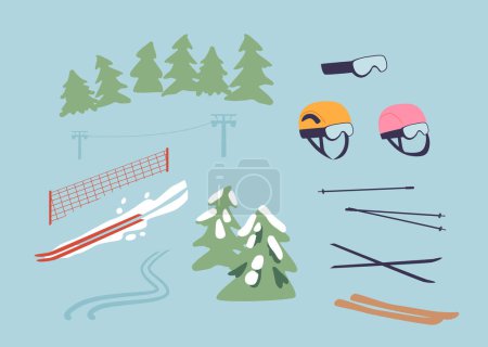Ilustración de Mountain Slalom Artículos Esquís robustos, postes ágiles y un casco ajustado, gafas y tablas de snowboard, esenciales para navegar por el curso de torsión a través de pendientes cubiertas de nieve. Ilustración de vectores de dibujos animados - Imagen libre de derechos