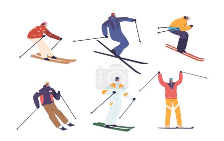 Illustration for Set Of Slalom Sportsmen Male And Female Characters Skillfully Skiing On Course In Pursuit Of Victory. Men And Women Wearing Professional Uniform And Gear Riding Ski. Cartoon People Vector Illustration - Royalty Free Image