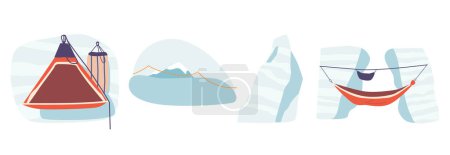 Ilustración de Conjunto de Escalada Bivouac y Hamaca, Rocas Heladas, Paredes de Montaña. Deporte extremo, Actividad de montañismo, Aventura al aire libre para escaladores. Ilustración de vectores de dibujos animados - Imagen libre de derechos