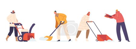 Illustration for After A Fresh Snowfall, A Dedicated Characters Diligently Shovel Driveway, or House Yard with Snow Blowers and Shovels, Creating A Clear Path Amidst White Landscape. Cartoon People Vector Illustration - Royalty Free Image