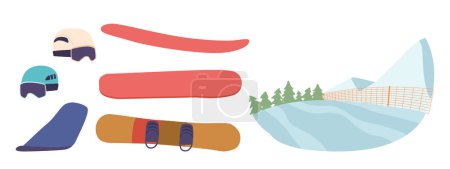 Téléchargez les illustrations : Les articles de snowboard de montagne comprennent des snowboards robustes, des casques bien équipés, essentiels pour le ski de précision sur les parcours alpins difficiles. Trace enneigée avec clôture. Illustration vectorielle de bande dessinée - en licence libre de droit