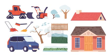 Illustration for Set of Icons and Elements Snowy Trees, Cottage Roof, Fence and House Yard, Car Covered with Fallen Snow, Heavy Machine, Shovels and Blower Isolated on White Background. Cartoon Vector Illustration - Royalty Free Image