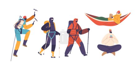 Illustration for Isolated Rock Climber Characters, Fearless And Determined, They Embody Strength, Agility, And A Passion For Conquering Nature Challenges, Finding Freedom In Vertical Adventures. Vector Illustration - Royalty Free Image