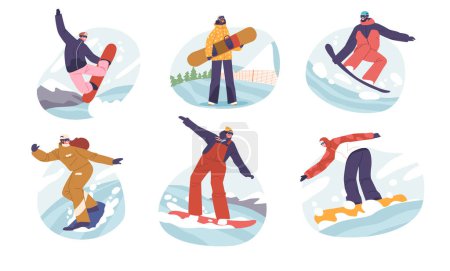 Ilustración de Establece la actividad invernal y el deporte de snowboard al aire libre extremo. Hombres y mujeres en trajes deportivos haciendo acrobacias de salto con tablas de snowboard. Entrenamiento en estación de esquí. Ilustración de vectores de dibujos animados - Imagen libre de derechos