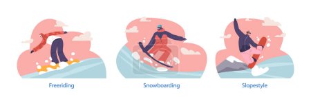 Illustration for Isolated Elements with People in Winter Clothes Snowboarding Spare Time. Male Female Snowboard Riders Characters Having Fun, Winter Mountain Sports Activity. Resort Sport. Cartoon Vector Illustration - Royalty Free Image