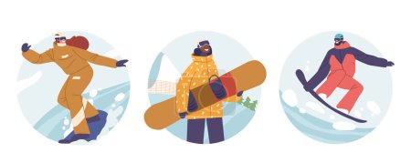 Illustration for Isolated Round Icons or Avatars of People in Winter Clothes Snowboarding Sparetime. Male Female Snowboard Riders Characters Winter Mountain Sports Activity. Resort Sport. Cartoon Vector Illustration - Royalty Free Image