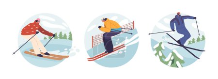 Ilustración de Iconos redondos aislados o avatares de los deportistas de Slalom Personajes Navegar hábilmente por el curso de torsión, hacer trucos y tallar a través de puertas en busca de la victoria. Dibujos animados Gente Vector Ilustración - Imagen libre de derechos