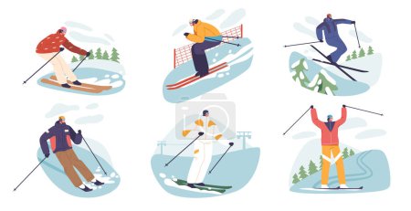 Illustration for Skilled Athletes Male and Female Characters Gracefully Maneuvers A Mountain Slalom, Carving Their Way Through The Powdery Snow In The Stunning Alpine Surroundings. Cartoon People Vector Illustration - Royalty Free Image