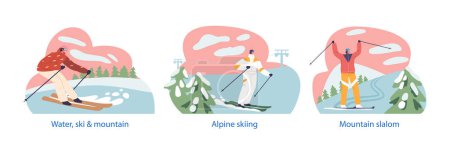 Illustration for Isolated Elements with Skilled Athletes Male and Female Characters Maneuvers A Mountain Slalom, Carving Their Way Through The Snow In Stunning Alpine Surroundings. Cartoon People Vector Illustration - Royalty Free Image