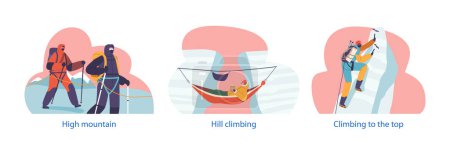 Illustration for Isolated Elements with Fearless Rock Climbers Scales Towering Cliff and Relax in Hammock on Rocky Cliff. People Thirst For Adventure. Outdoor Mountaineering Activity. Cartoon Vector Illustration - Royalty Free Image