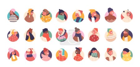 Diverse Set Of Kids Avatars Bundled Up In Cozy Winter Attire, Radiating Warmth And Winter Wonder. Little Boys and Girls Characters Portraits, Round Icons. Cartoon People Vector Illustration