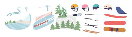 Téléchargez les illustrations : Les articles de slalom de montagne comprennent des skis robustes, des fixations hautes performances, des bâtons de ski et un casque bien ajusté, essentiel pour le ski de précision sur les parcours alpins exigeants. Illustration vectorielle de bande dessinée - en licence libre de droit