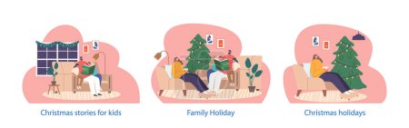 Illustration for Isolated Elements With Cozy Christmas Tradition Scenes. Parents Gather With Kids, Sharing Heartwarming Tales Of Santa Adventures, Spreading Holiday Joy Through Cherished Stories By The Twinkling Tree - Royalty Free Image