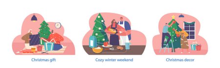 Illustration for Isolated Elements with Happy Loving Couple Prepare and Celebrate Christmas Holidays. Male and Female Characters Cooking, Unpack Gifts, Decorate Tree Together. Cartoon People Vector Illustration - Royalty Free Image