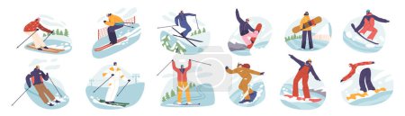 Illustration for Set of Slalom Sportsmen Characters Skillfully Navigate Twisting Course Their Precision And Agility On Full Display As They Carve Through Gates In Pursuit Of Victory. Cartoon People Vector Illustration - Royalty Free Image