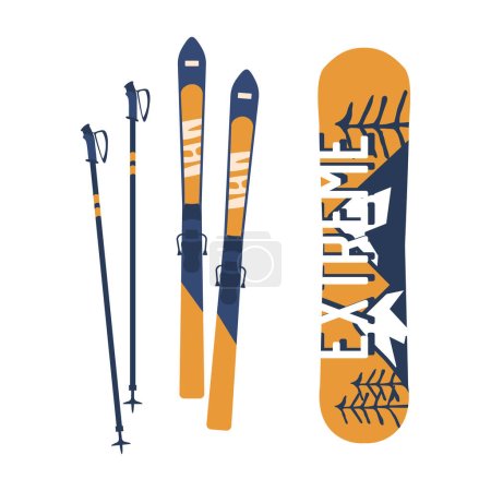 Snowboard, A Sleek, Elongated Board With Bindings For Gliding Down Snowy Slopes. Skis, Long, Narrow, And Curved Pieces For Smooth Gliding On Snow-covered Mountains. Cartoon Vector Illustration
