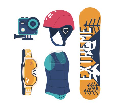 Illustration for Snowboarder Equipment And Gear. Essential Items For Shredding The Slopes. Board, Action Camera, Singlet, Protective Gear Like Helmet And Goggles, Ready To Conquer The Mountain. Cartoon Vector Icons - Royalty Free Image