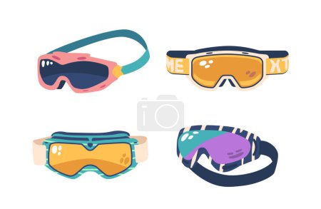 Illustration for Snow Goggles, Designed For Winter Adventures, Feature Anti-glare Lenses And A Snug Fit To Shield Eyes From Blinding Snow. Stylish And Functional, They Enhance Vision In Snowy Landscapes. Vector Icons - Royalty Free Image