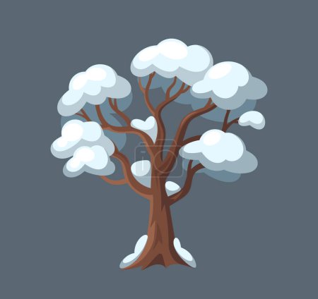 Illustration for Isolated Snowy Deciduous Tree, Standing Tall Amid A Serene Winter Landscape. Its Branches Adorned With Glistening Frost, A Symbol Of Nature Quiet Beauty In The Cold. Cartoon Vector Illustration - Royalty Free Image