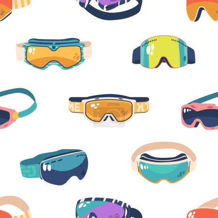 Illustration for Seamless Winter Pattern Featuring Stylish Snow Goggles, Perfect For Chilly Adventures And Snowy Escapades. Embrace The Frosty Vibes With This Eye-catching Design. Cartoon Vector Illustration, Tile - Royalty Free Image