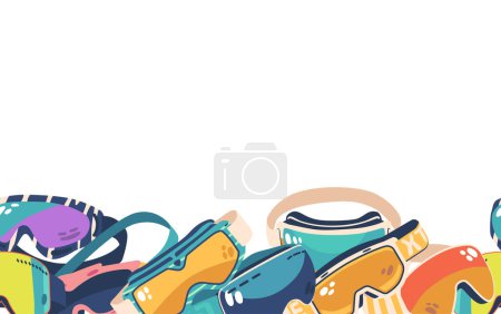 Illustration for Seamless Winter Pattern with Stylish Snow Goggles, Perfect For Chilly Adventures And Snowy Escapades. Eye-catching Repeated Design with Protective Eyewear. Cartoon Vector Wallpaper, Horizontal Border - Royalty Free Image