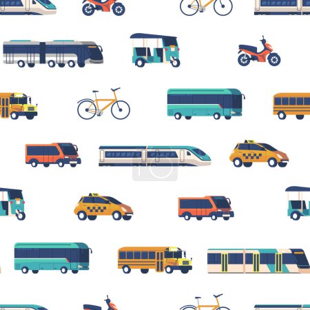 Illustration for Lively Seamless Pattern Featuring Various Public Transport Modes Like Buses, Trains, And Trams, Taxi, Bicycles or Scooters Capturing The Vibrant Energy Of Urban Commuting. Cartoon Vector Illustration - Royalty Free Image
