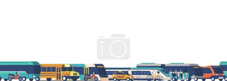Illustration for Vibrant Seamless Pattern Featuring Array Of Public Transport, Buses, Trains, Taxi And Trams. Repeated Design, Capturing The Dynamic Essence Of Urban Travel. Cartoon Vector Horizontal Wallpaper, Border - Royalty Free Image
