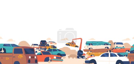 Illustration for Seamless Pattern Featuring Broken Dump Cars, Creating An Industrial And Edgy Design. Perfect For Adding A Rugged Touch To Backgrounds With A Raw Aesthetic. Cartoon Vector Wallpaper, Horizontal Border - Royalty Free Image