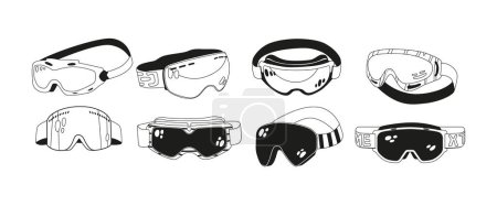 Illustration for Set Of Monochrome Snow Goggles, Black and White Icons of Sleek, Protective Eyewear Provide Clear Vision, Shield From Icy Winds, And Keep Skiing Or Snowboarding In Style. Cartoon Vector Illustration - Royalty Free Image