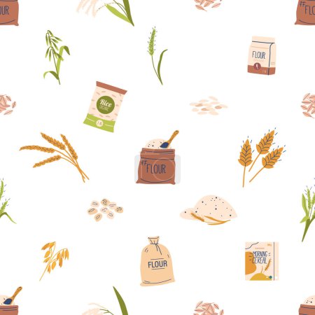 Illustration for Seamless Pattern Featuring A Medley Of Cereal Products. From Crunchy Flakes To Wholesome Grains, This Charming Design Brings Breakfast Joy To Any Surface Or Product. Cartoon Vector Illustration - Royalty Free Image