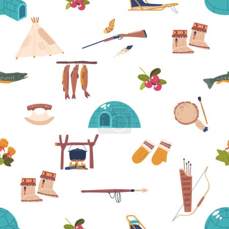 Illustration for Seamless Pattern Featuring Traditional Inuit Items. Igloo, Gloves, Mukluks, Ulu, And Harpoon. Sled, Tambourine, Cauldron And Fish. Bow, Arrows, Feather And Berries. Arctic Cartoon Vector Illustration - Royalty Free Image