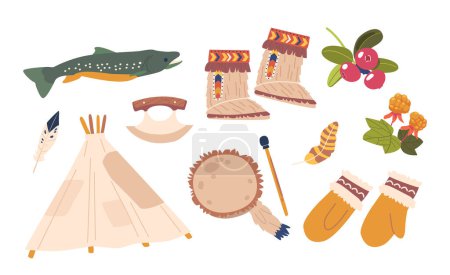 Illustration for Set of Inuit Items. Wigwam, Gloves, Mukluks, Ulu, And Tambourine, Fish, Feather and Berries. Traditional Essential Tools Embody Arctic Resilience And Craftsmanship. Cartoon Vector Illustration - Royalty Free Image