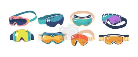 Illustration for Set of Snow Goggles, Essential For Winter Adventures. These Sleek, Protective Eyewear Provide Clear Vision, Shield From Icy Winds, And Keep Skiing Or Snowboarding In Style. Cartoon Vector Illustration - Royalty Free Image